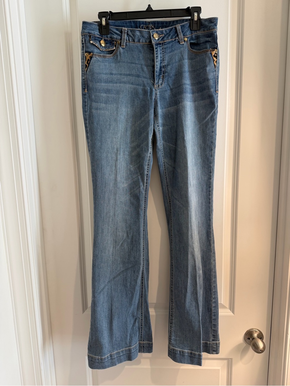 Cache Light Blue Flare Jeans with Subtle leopard Print detail